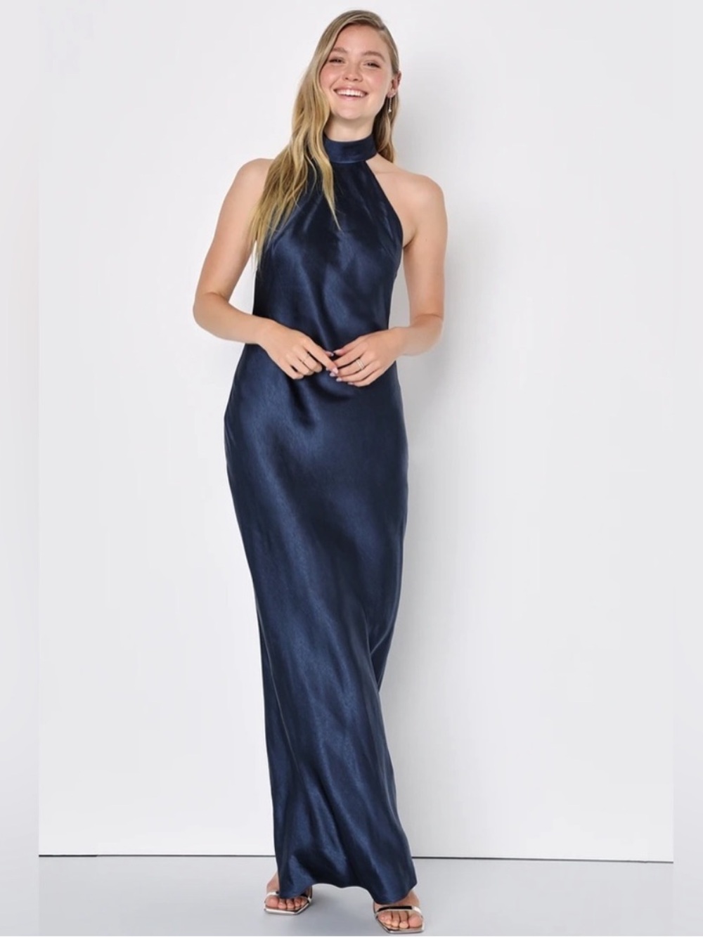 Lulus Love in Your Life NWT size Small Navy Blue Satin Halter Maxi Dress